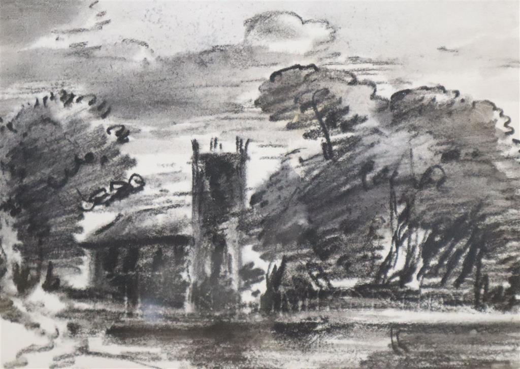 Dr Thomas Monro (1759-1833), charcoal on paper, A church among trees, John Manning label verso, 14 x 19.5cm